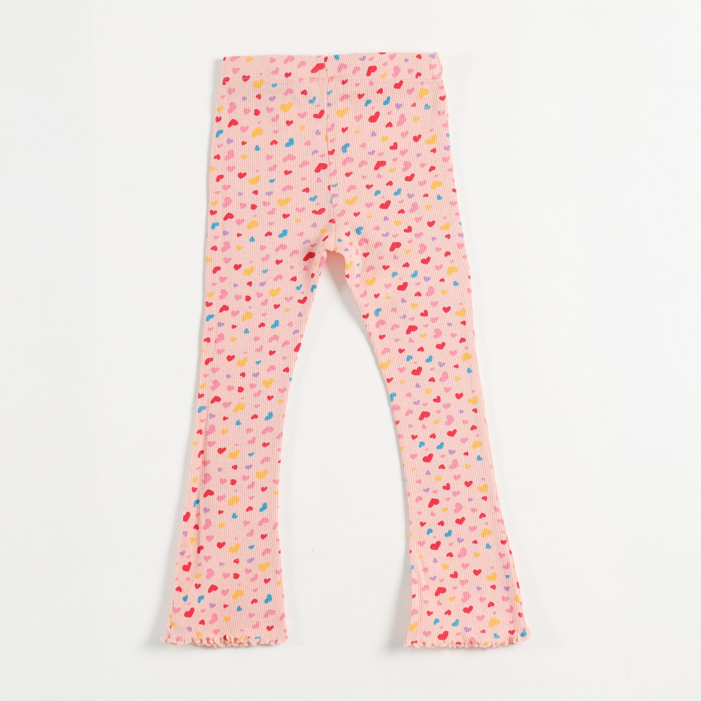 "Girls Pink Ribbed Cotton Leggings with All-Over Multicolor Heart Print"