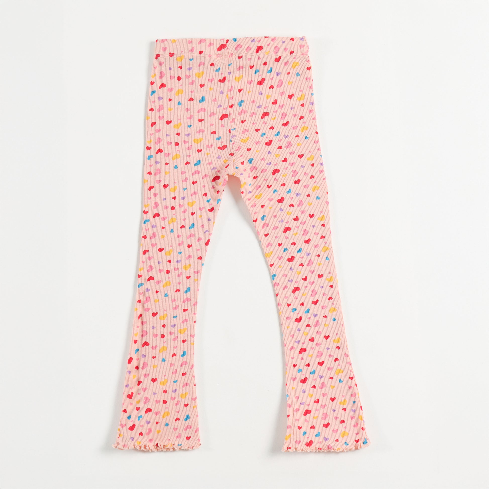 "Girls Pink Ribbed Cotton Leggings with All-Over Multicolor Heart Print"