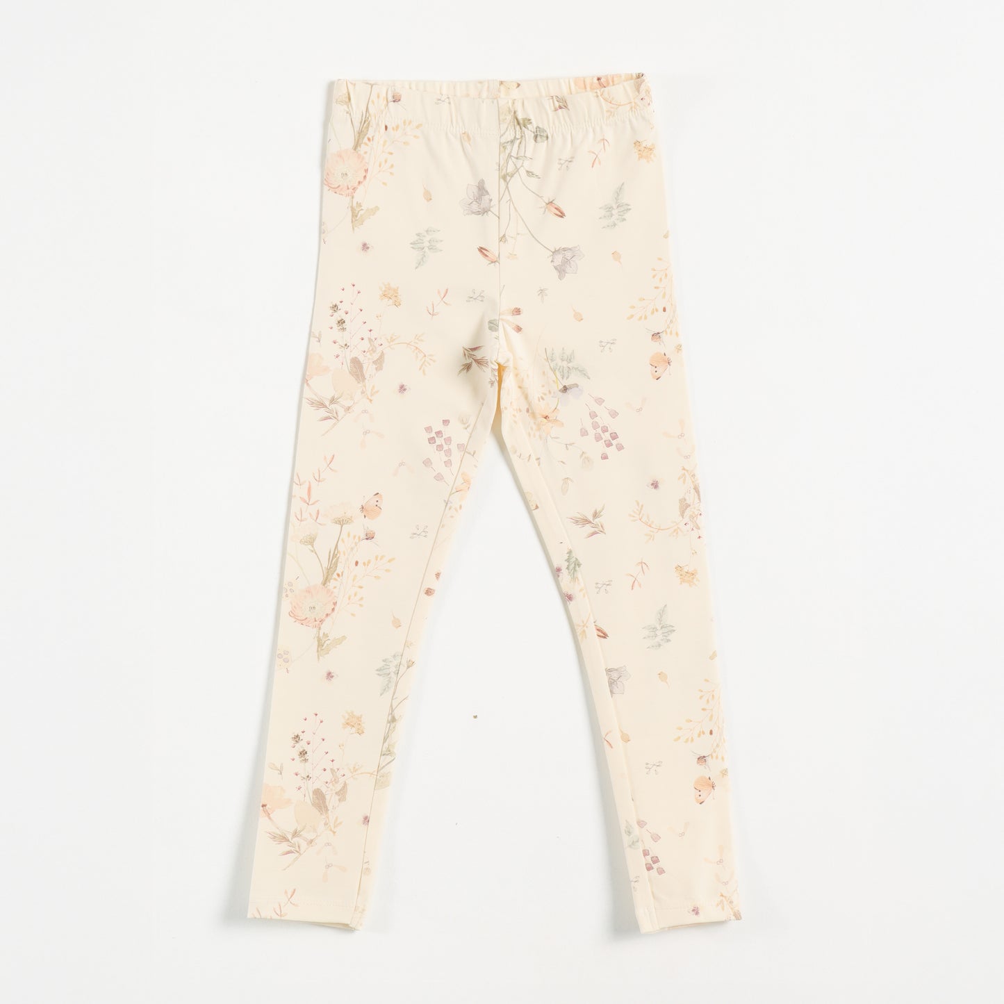 "Girls Cream Stretch Leggings with Delicate Pastel Botanical Floral Design"