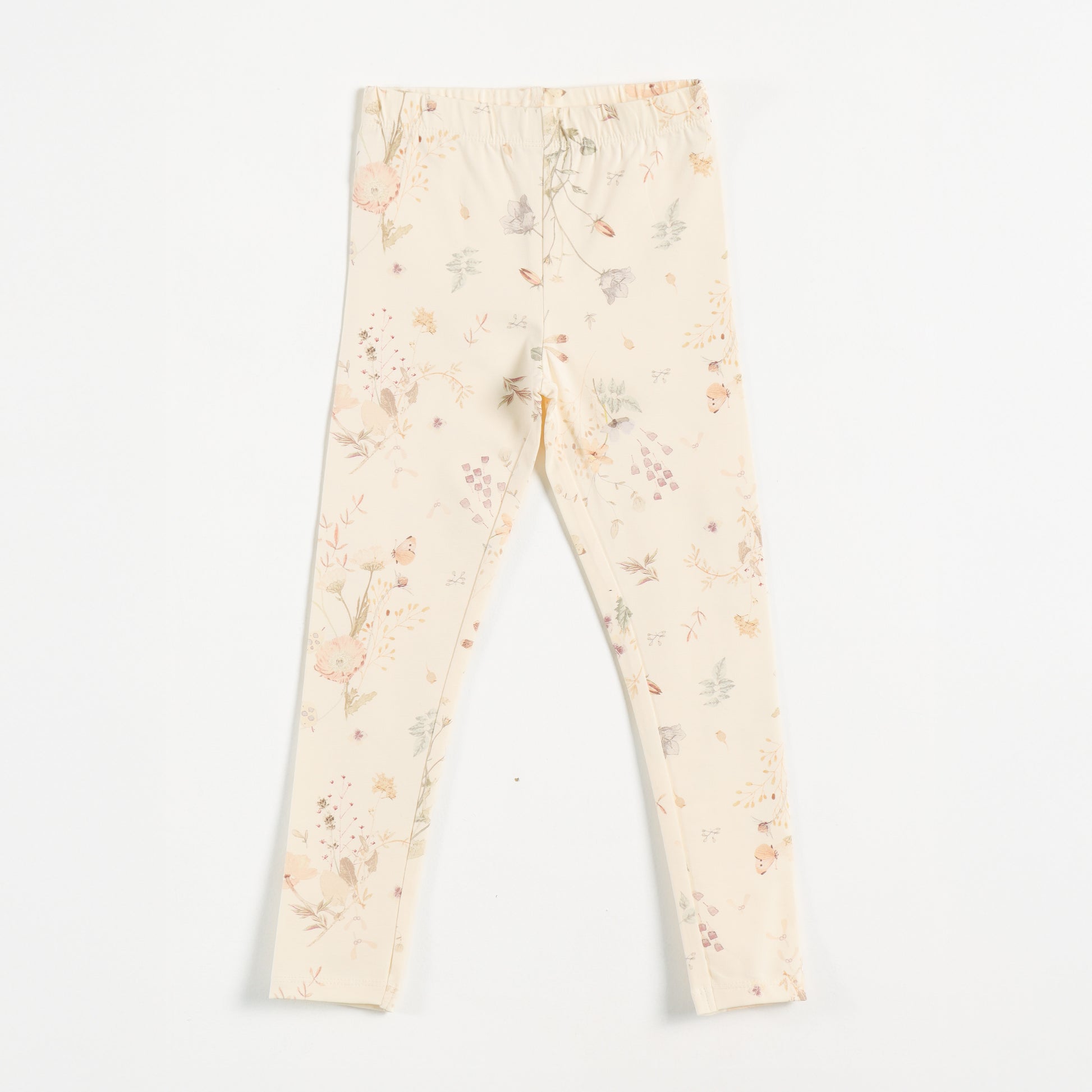 "Girls Cream Stretch Leggings with Delicate Pastel Botanical Floral Design"