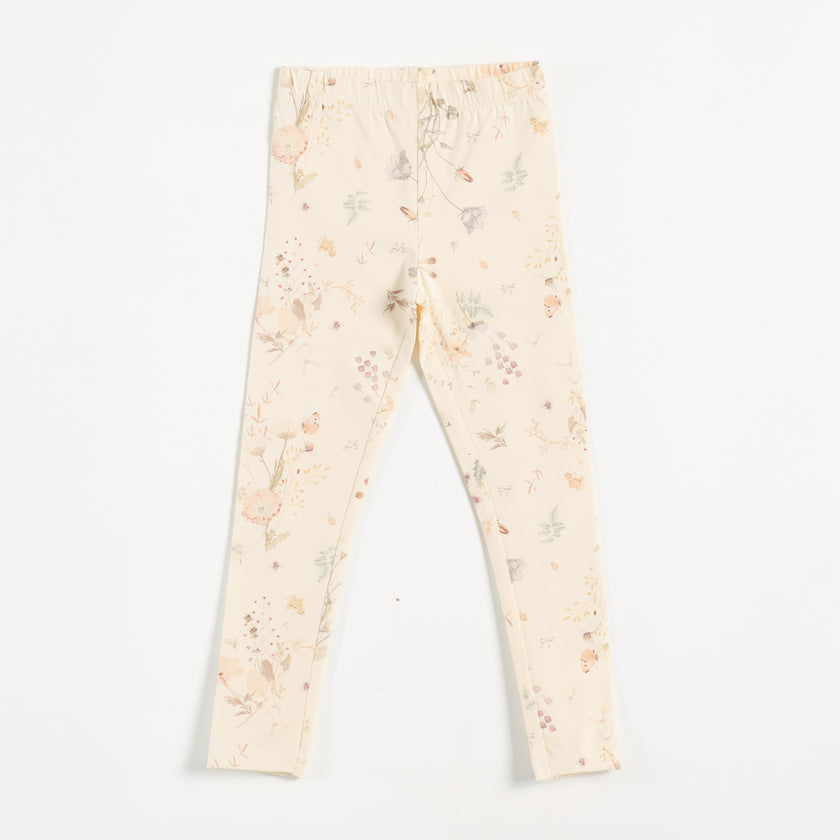 "Girls Cream Stretch Leggings with Delicate Pastel Botanical Floral Design"