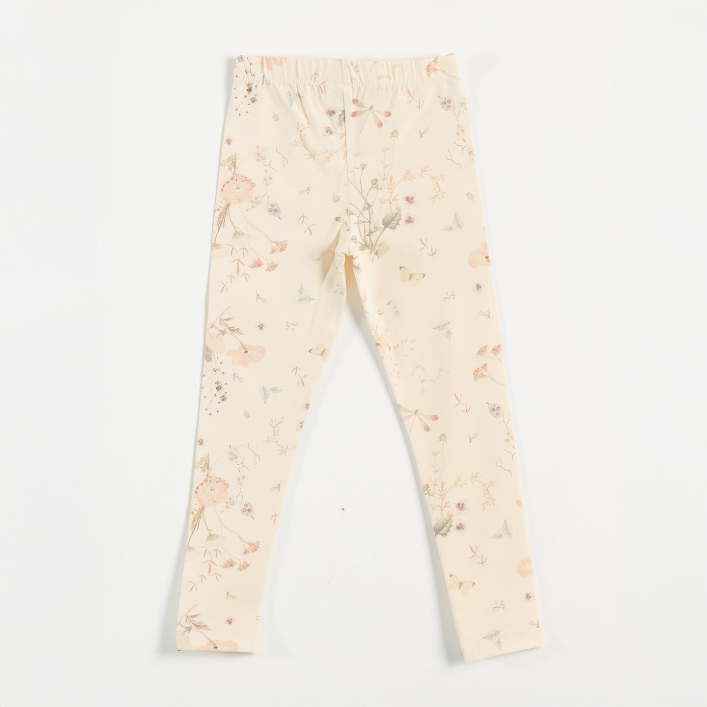 "Girls Cream Stretch Leggings with Delicate Pastel Botanical Floral Design"