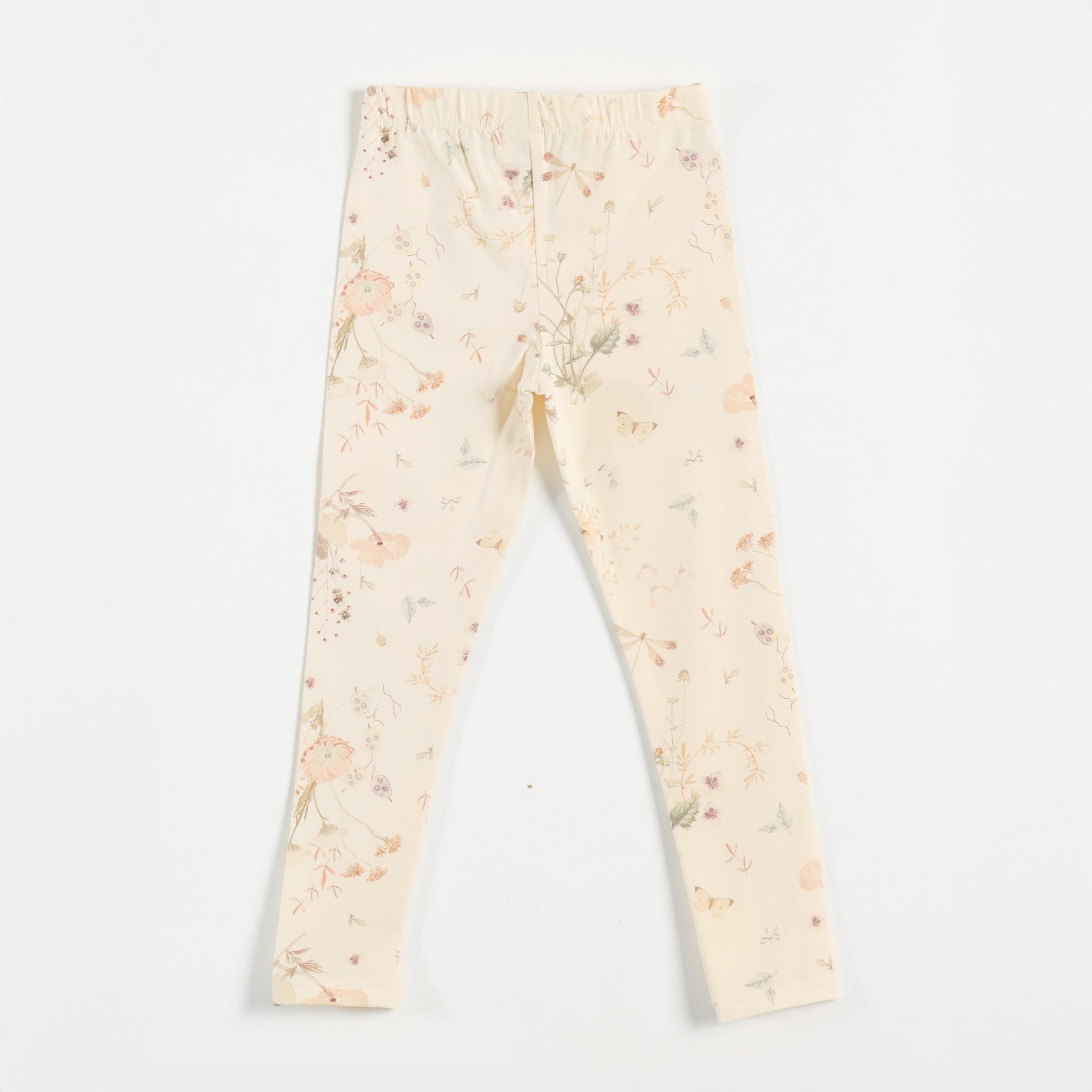 "Girls Cream Stretch Leggings with Delicate Pastel Botanical Floral Design"