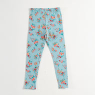 "Girls Turquoise Cotton Stretch Leggings with Bold All-Over Floral Design"