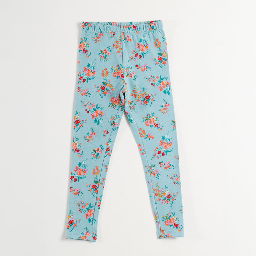 "Girls Turquoise Cotton Stretch Leggings with Bold All-Over Floral Design"