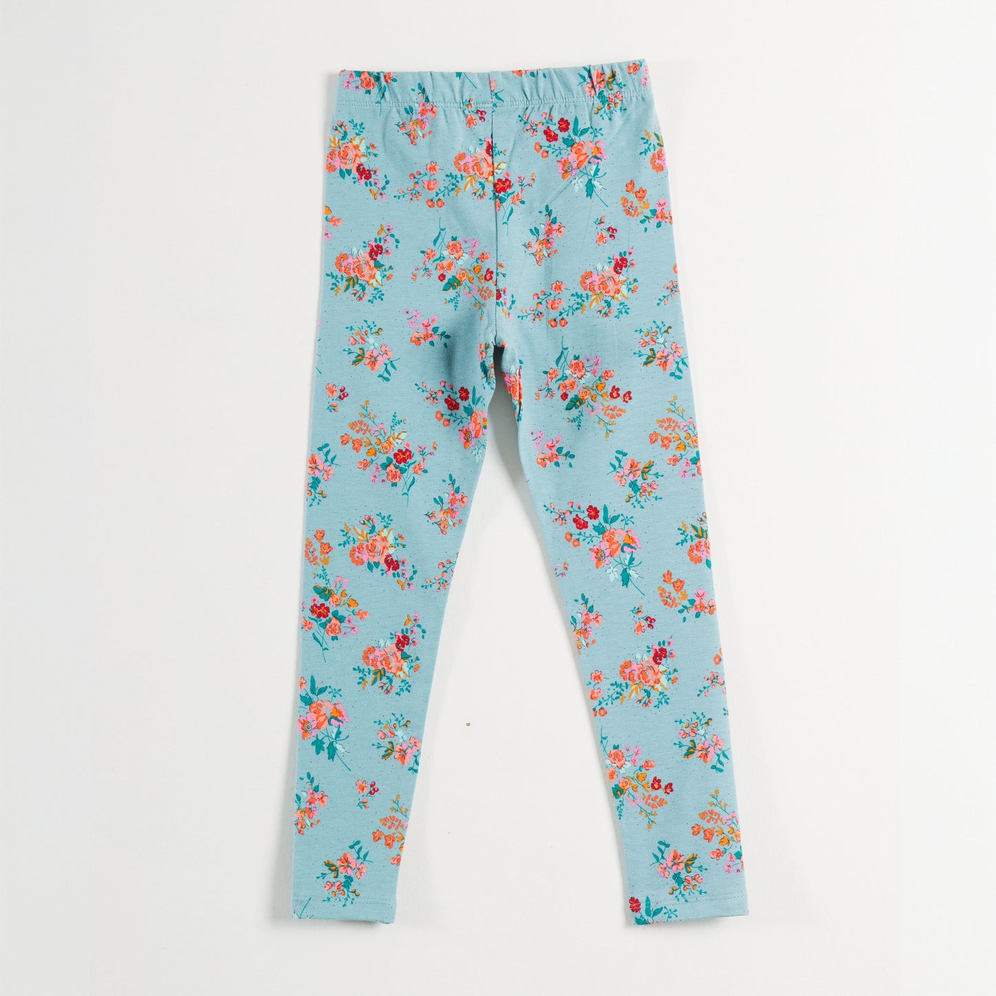 "Girls Turquoise Cotton Stretch Leggings with Bold All-Over Floral Design"