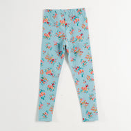 "Girls Turquoise Cotton Stretch Leggings with Bold All-Over Floral Design"