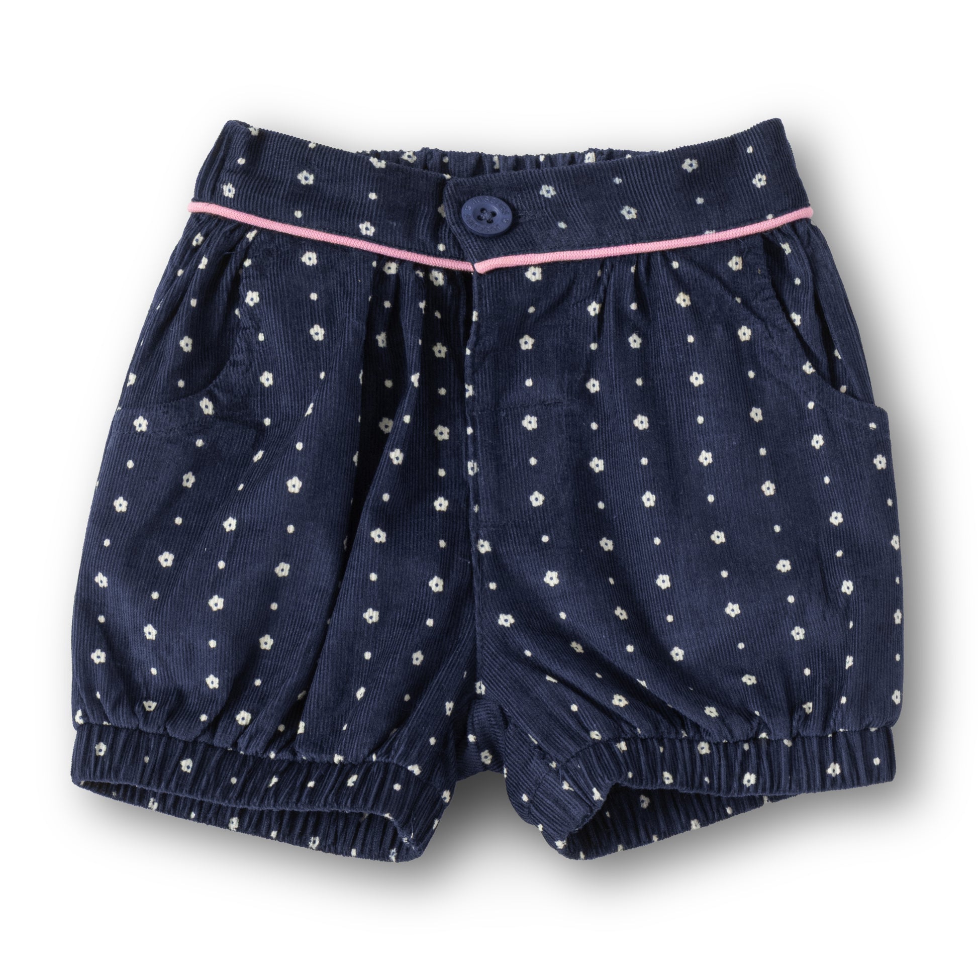 “Baby Girls Navy Blue Printed Corduroy Shorts with Pockets”
