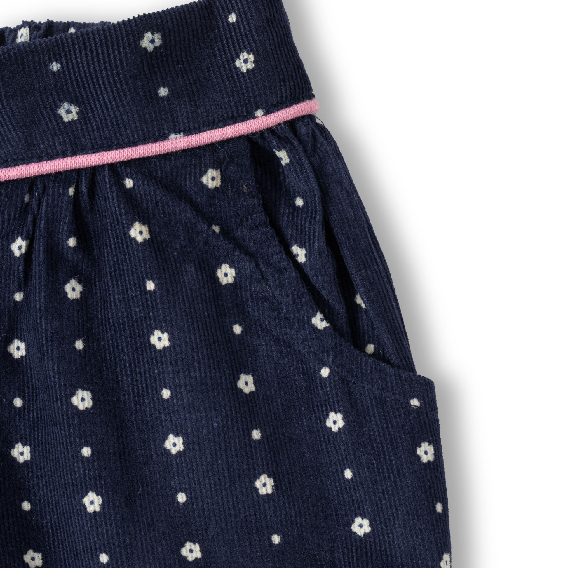 “Baby Girls Navy Blue Printed Corduroy Shorts with Pockets”