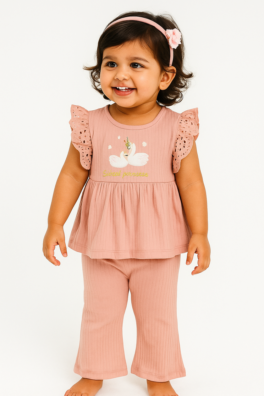 "Baby Girls Ribbed Cotton Lace Frill Top with Pant Set – Sweet Princess Print"