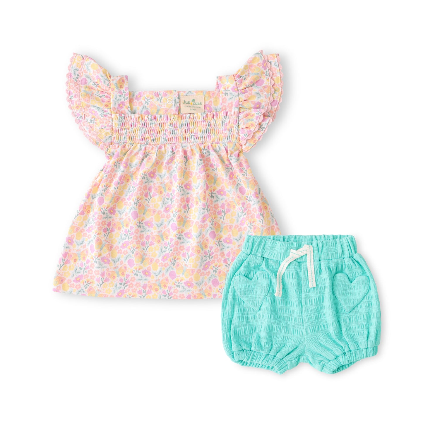 "Baby Girls Cotton 2-Piece Set – Floral Smocked Top with Heart Pocket Shorts"