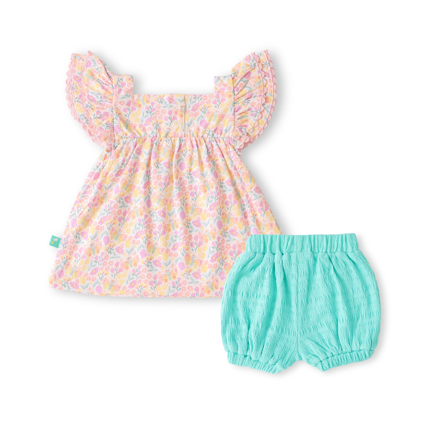 "Baby Girls Cotton 2-Piece Set – Floral Smocked Top with Heart Pocket Shorts"