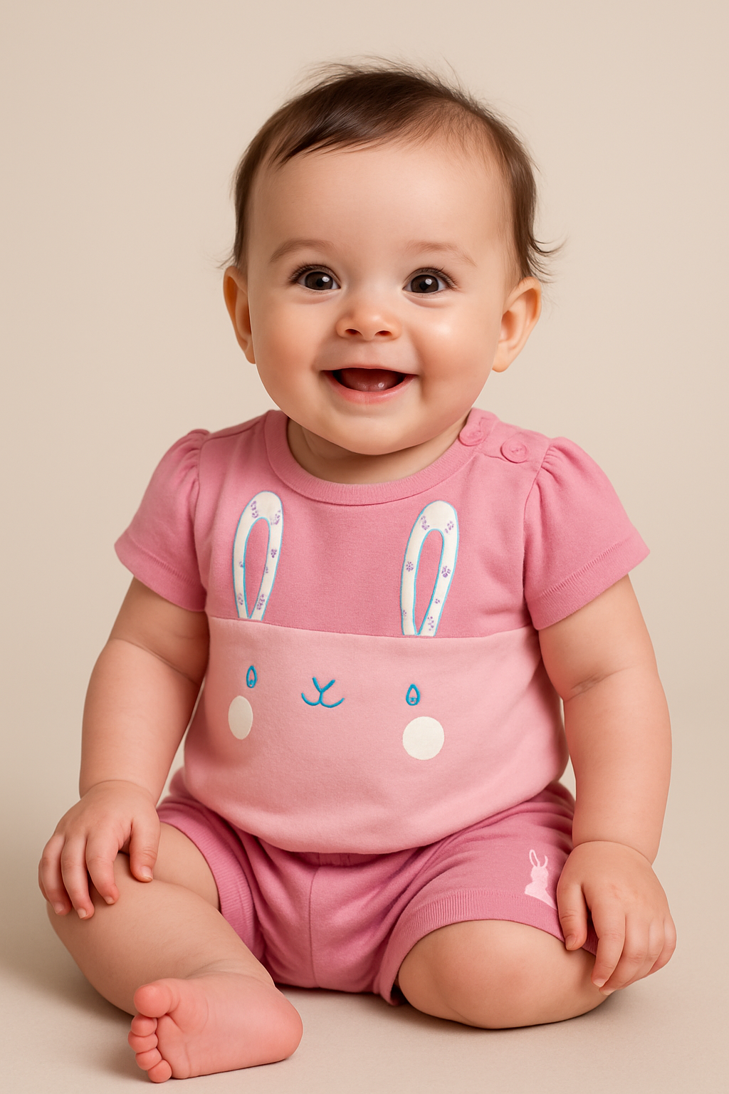 "Baby Girls Cotton Cute Bunny Face Top & Shorts Set – Comfortable Cotton Wear"