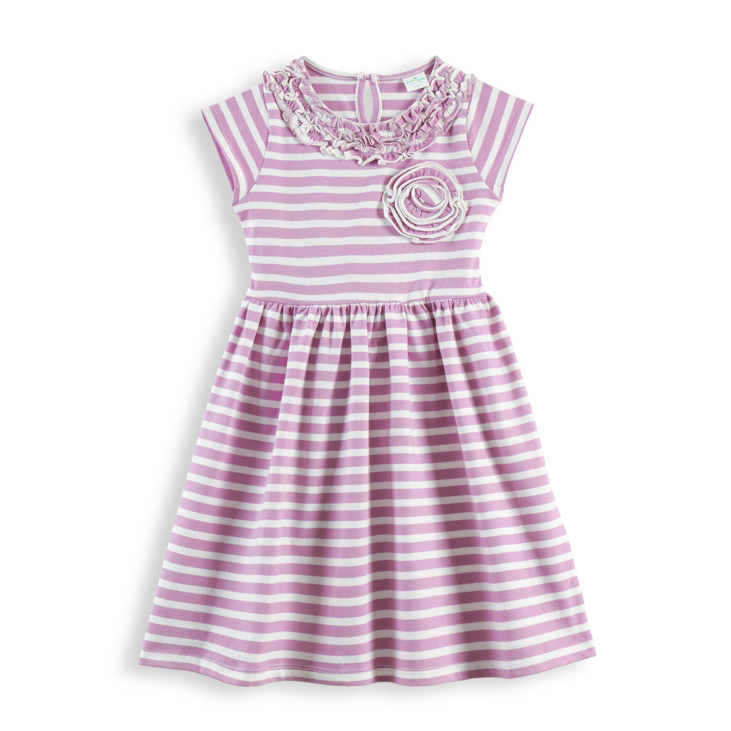 "Girls Lilac & White Striped Cotton Dress with Ruffle Neck and Flower Appliqué"