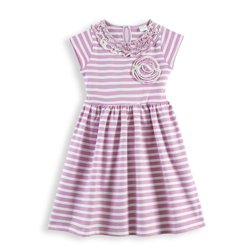 "Girls Lilac & White Striped Cotton Dress with Ruffle Neck and Flower Appliqué"