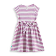 "Girls Lilac & White Striped Cotton Dress with Ruffle Neck and Flower Appliqué"