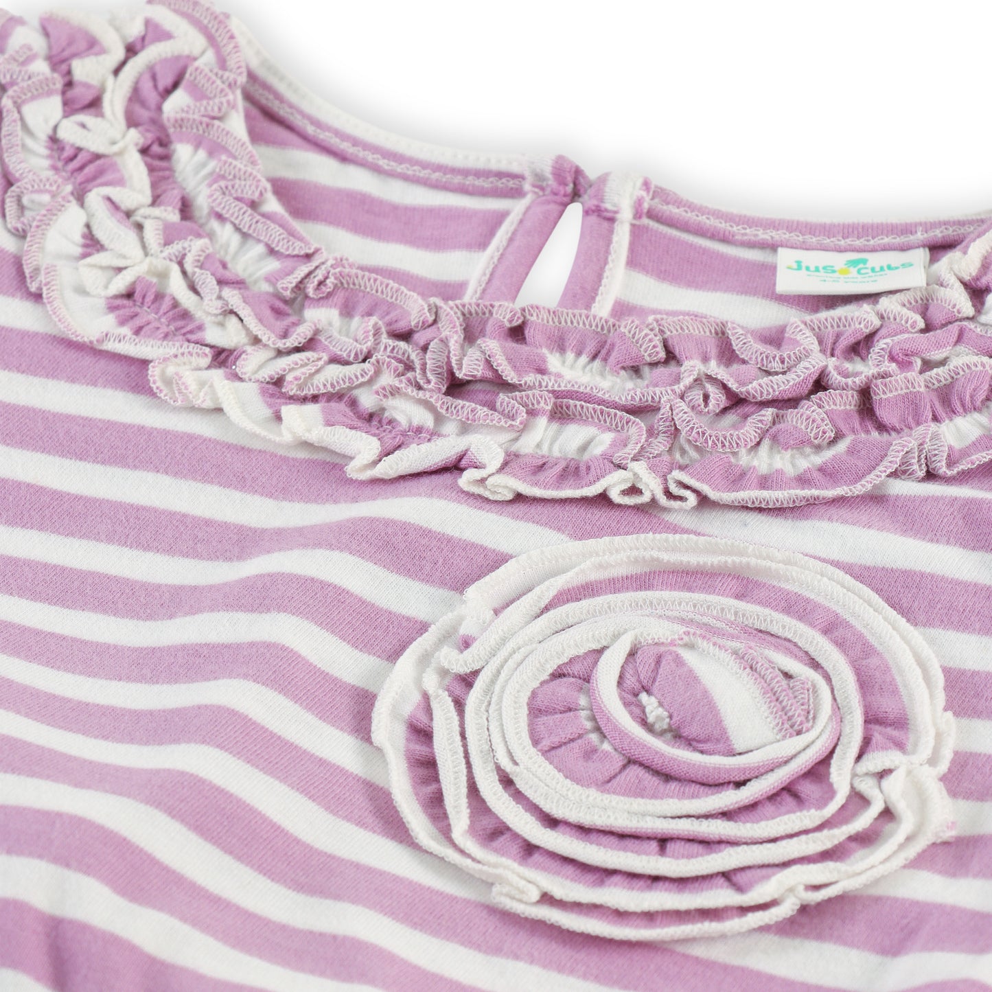 "Girls Lilac & White Striped Cotton Dress with Ruffle Neck and Flower Appliqué"