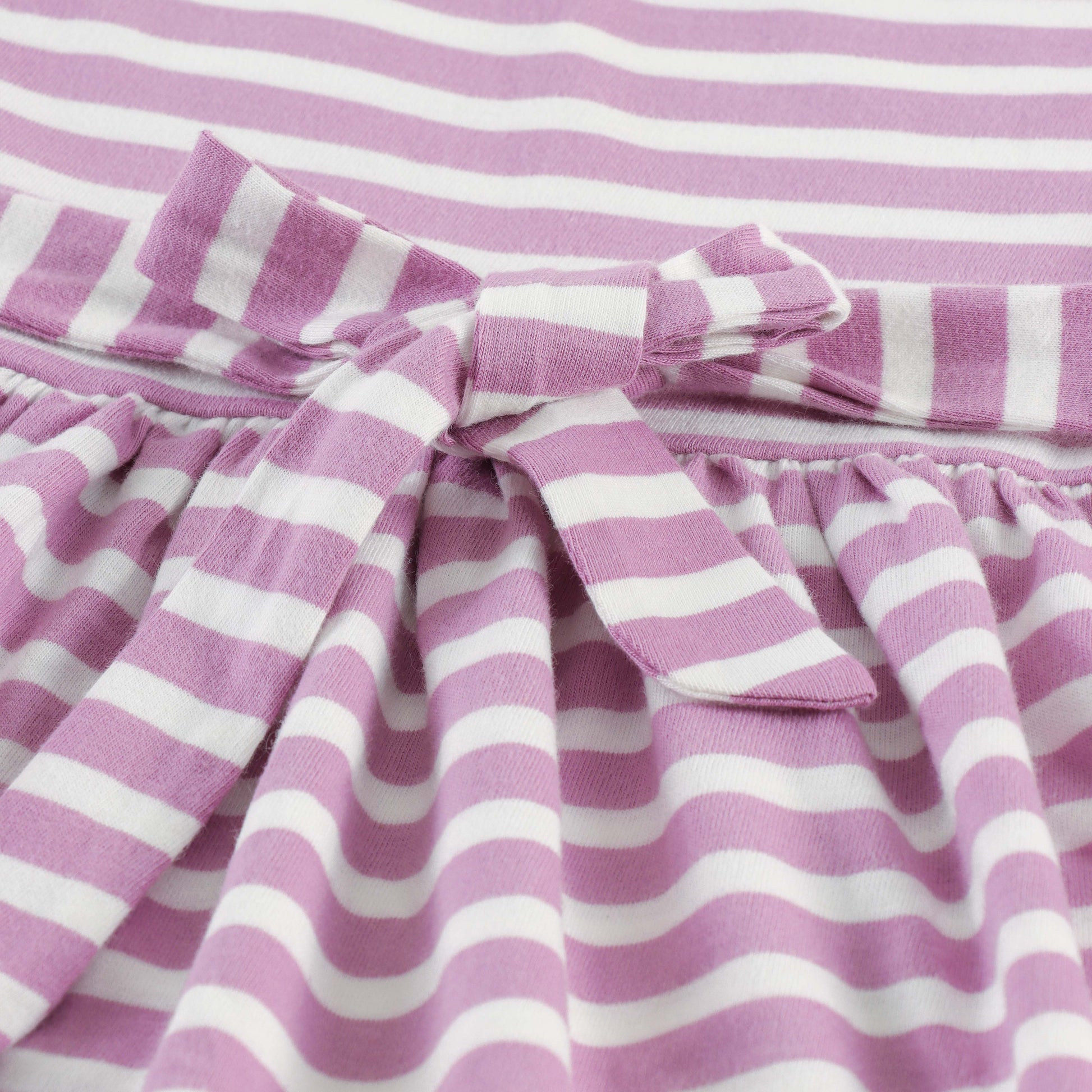 "Girls Lilac & White Striped Cotton Dress with Ruffle Neck and Flower Appliqué"