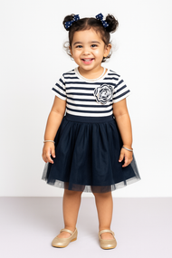 "Baby Girls Cotton Elegant Navy Blue Striped Dress with Flower Appliqué"
