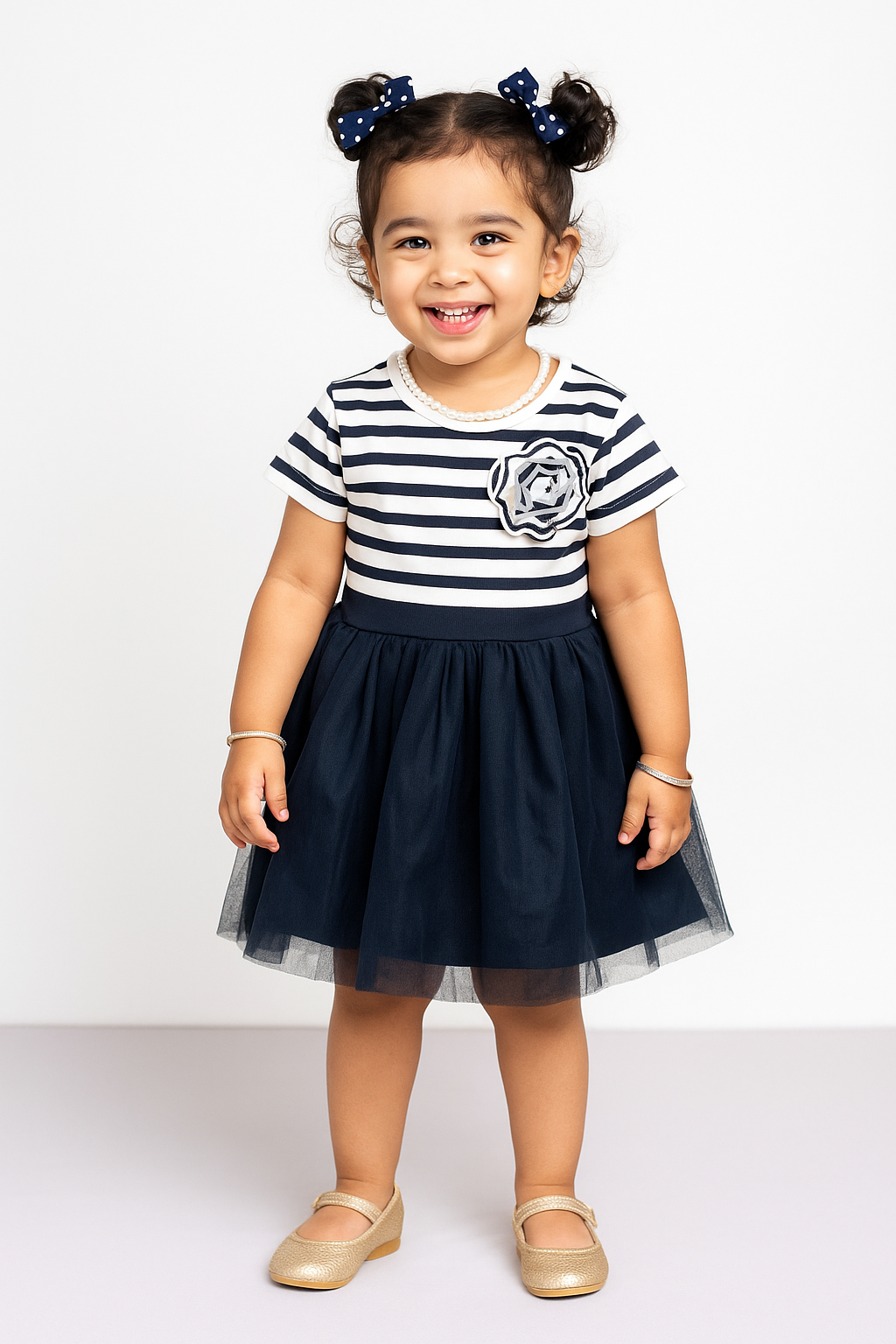 "Baby Girls Cotton Elegant Navy Blue Striped Dress with Flower Appliqué"