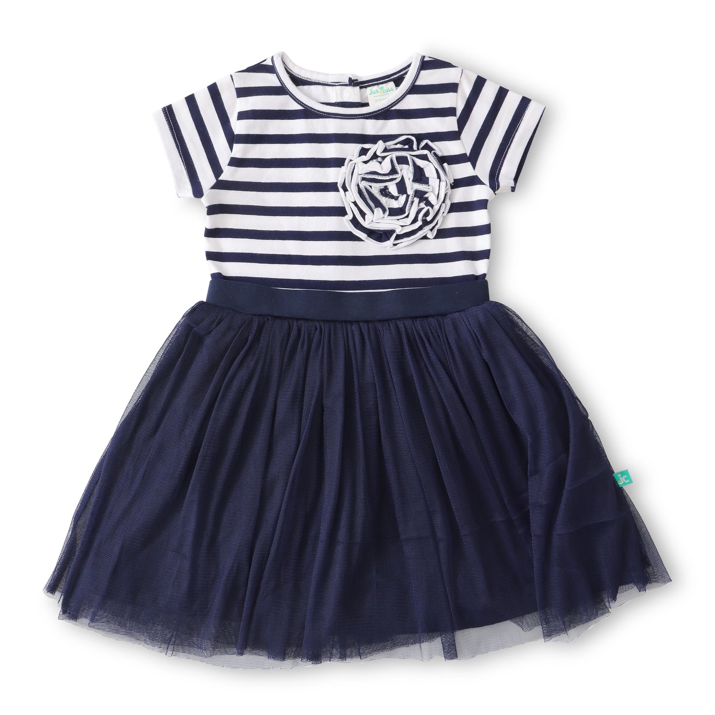 "Baby Girls Cotton Elegant Navy Blue Striped Dress with Flower Appliqué"