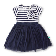 "Baby Girls Cotton Elegant Navy Blue Striped Dress with Flower Appliqué"