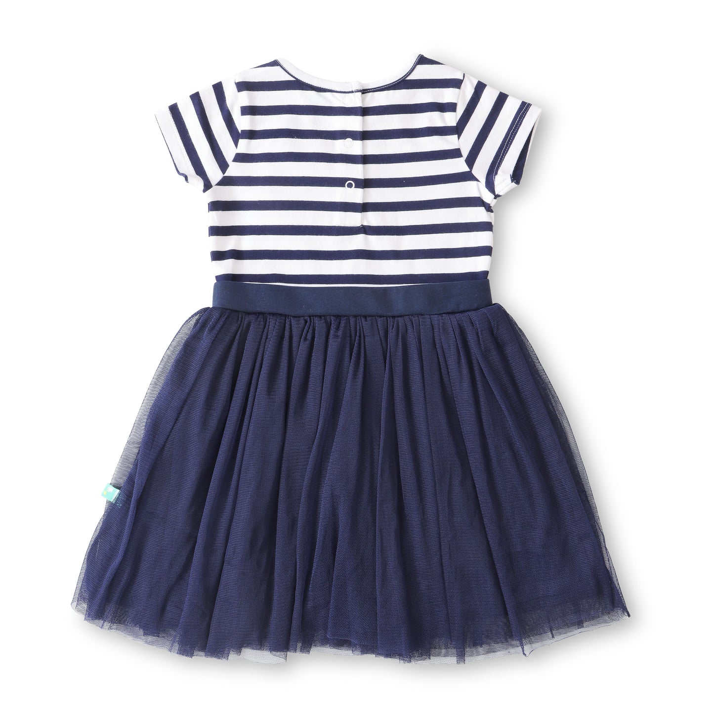 "Baby Girls Cotton Elegant Navy Blue Striped Dress with Flower Appliqué"
