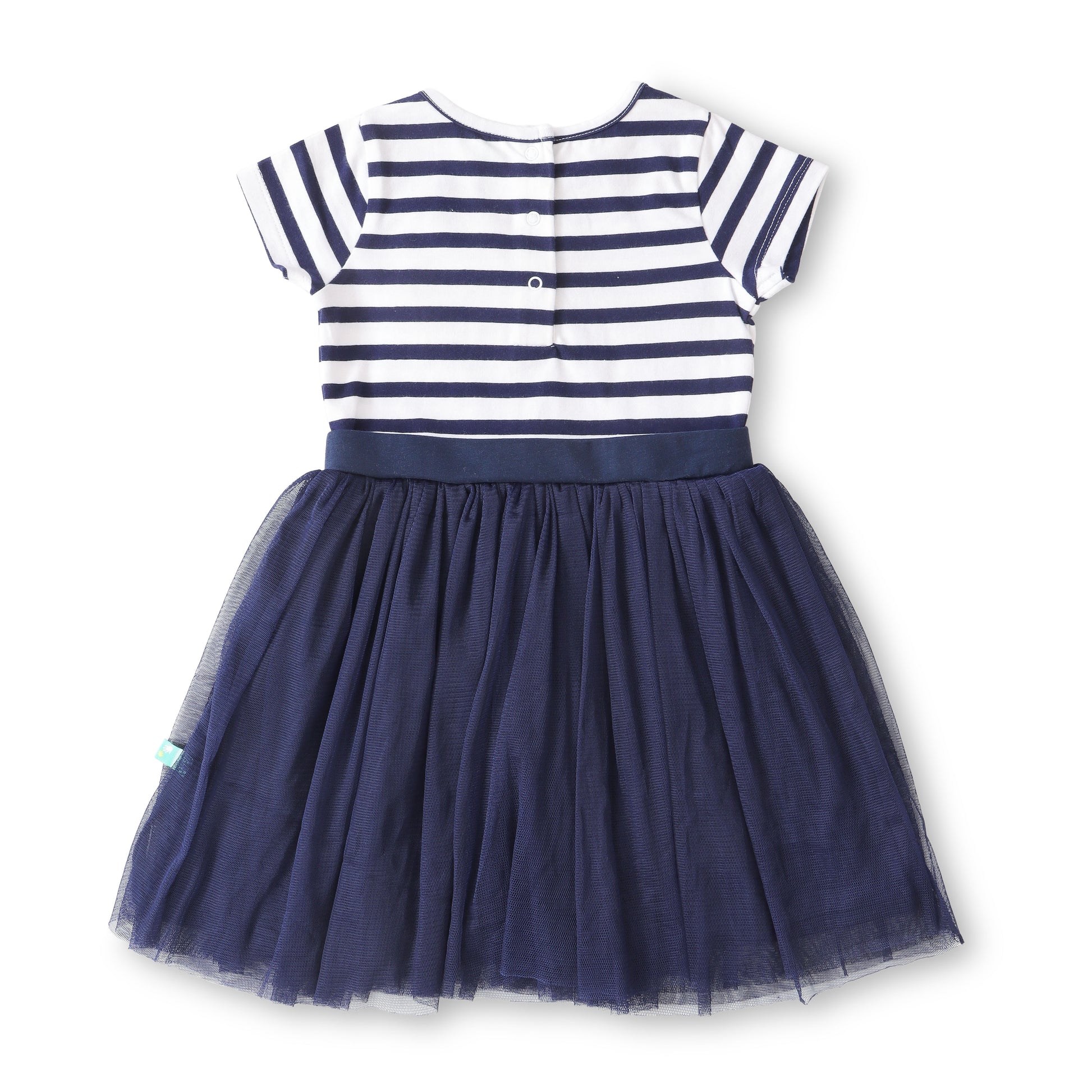 "Baby Girls Cotton Elegant Navy Blue Striped Dress with Flower Appliqué"
