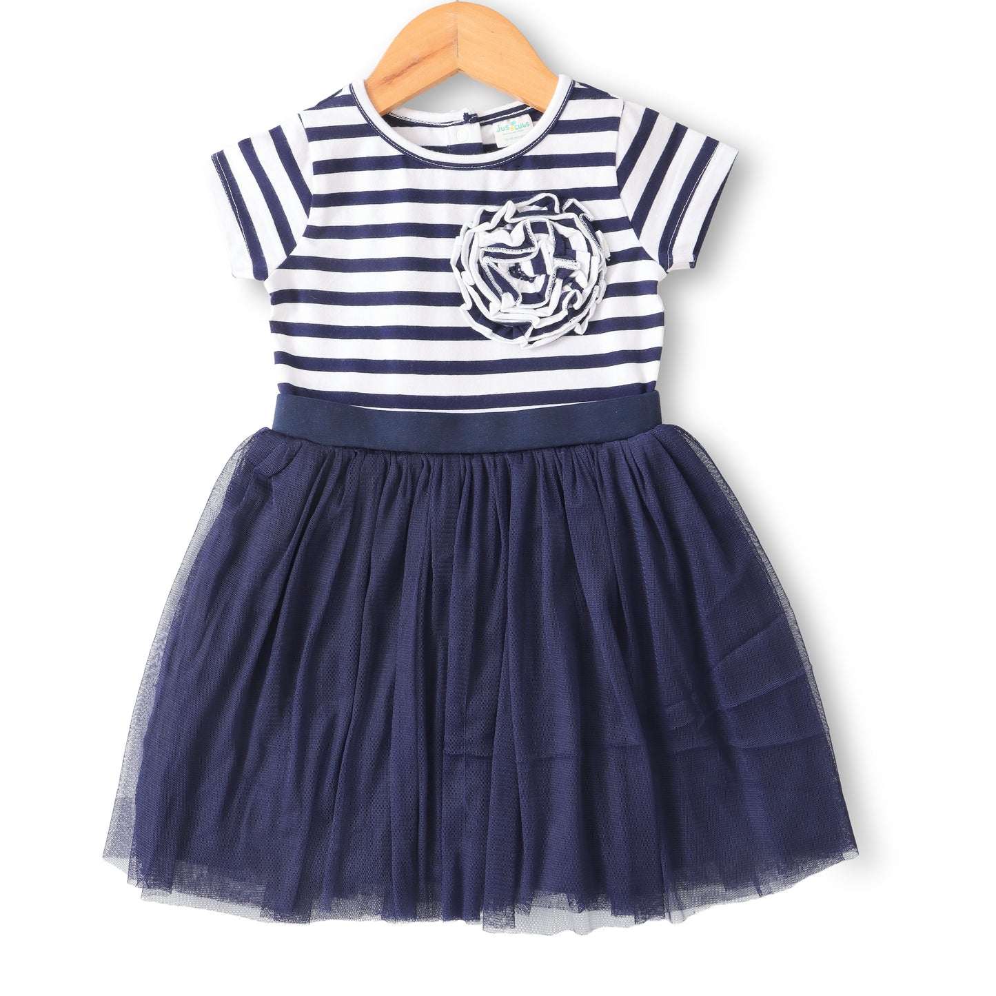 "Baby Girls Cotton Elegant Navy Blue Striped Dress with Flower Appliqué"