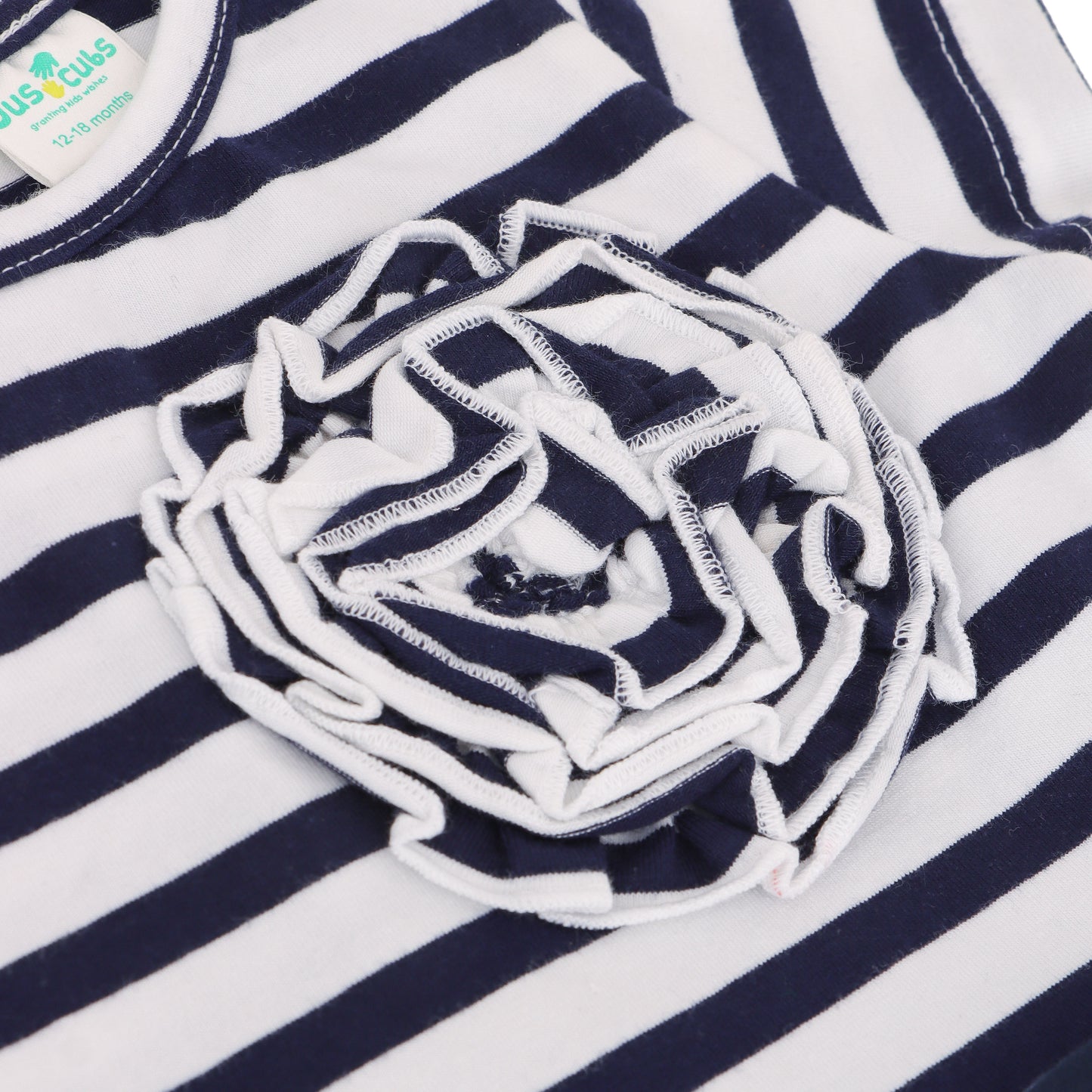 "Baby Girls Cotton Elegant Navy Blue Striped Dress with Flower Appliqué"