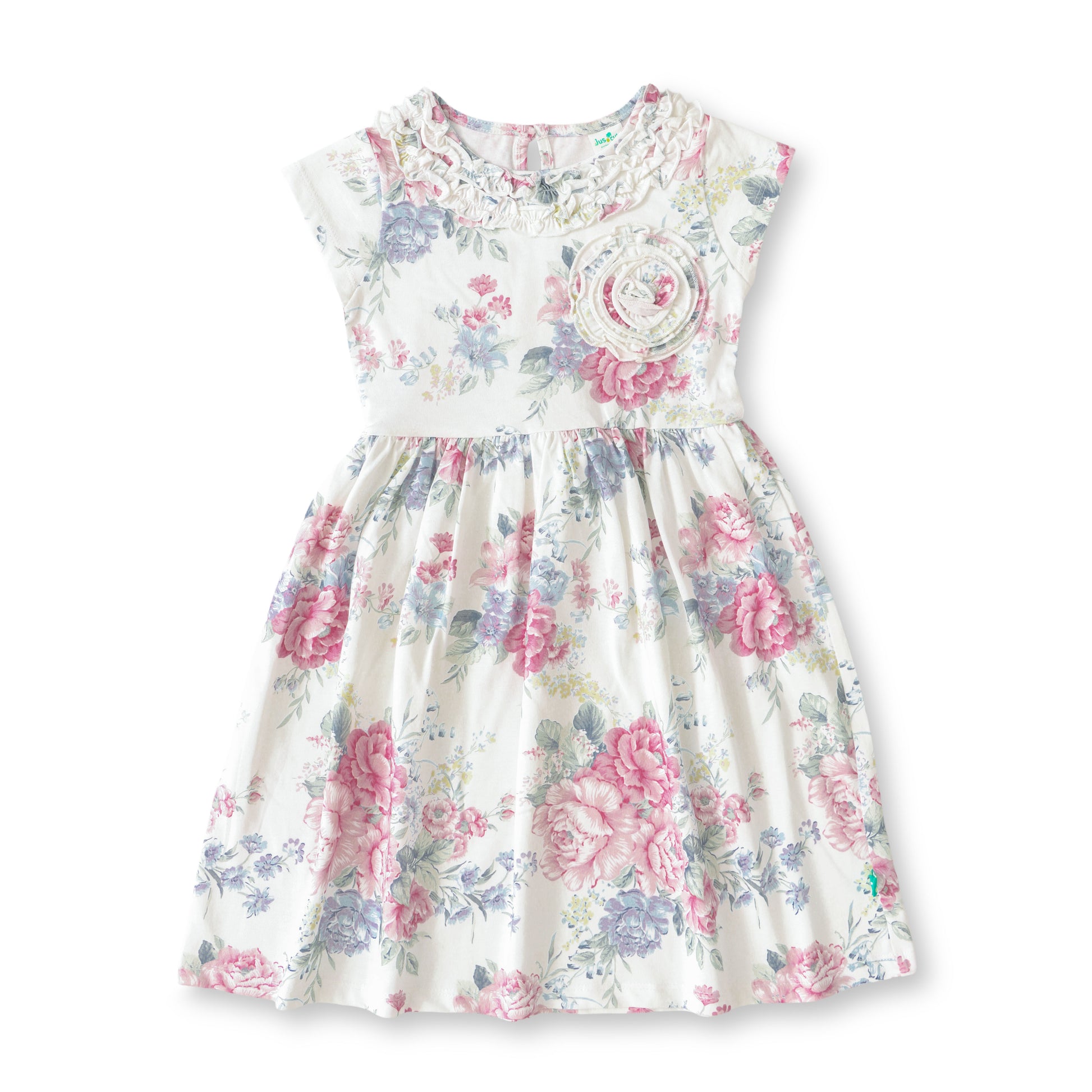Baby Girls Soft Cotton Floral Frock with Ruffle Neck & Flower Appliqué
