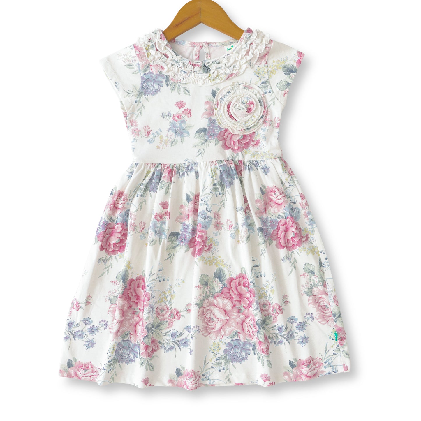 Baby Girls Soft Cotton Floral Frock with Ruffle Neck & Flower Appliqué
