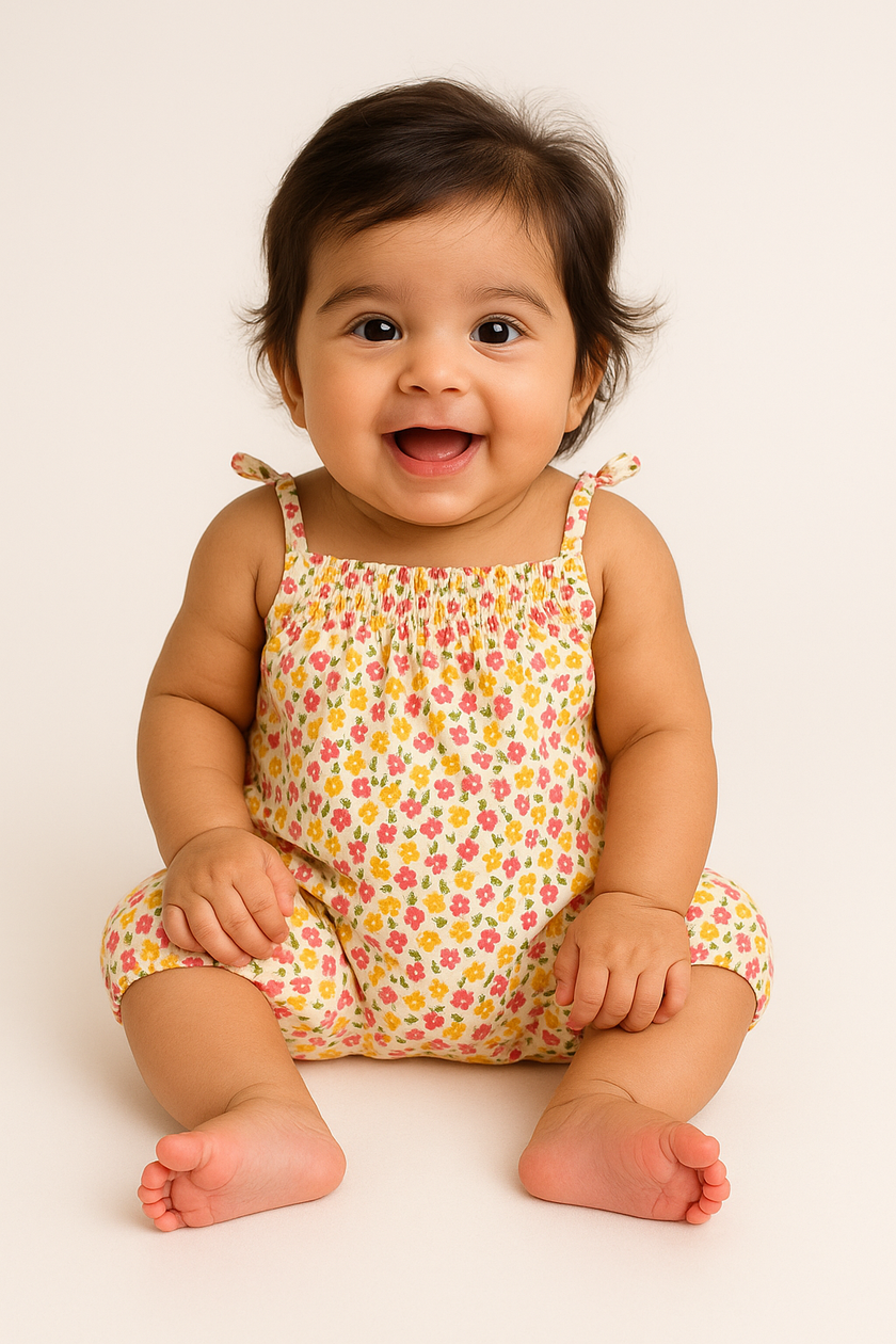 "Baby Girls Sleeveless Floral Romper with Shoulder Tie Straps – 100% Cotton"