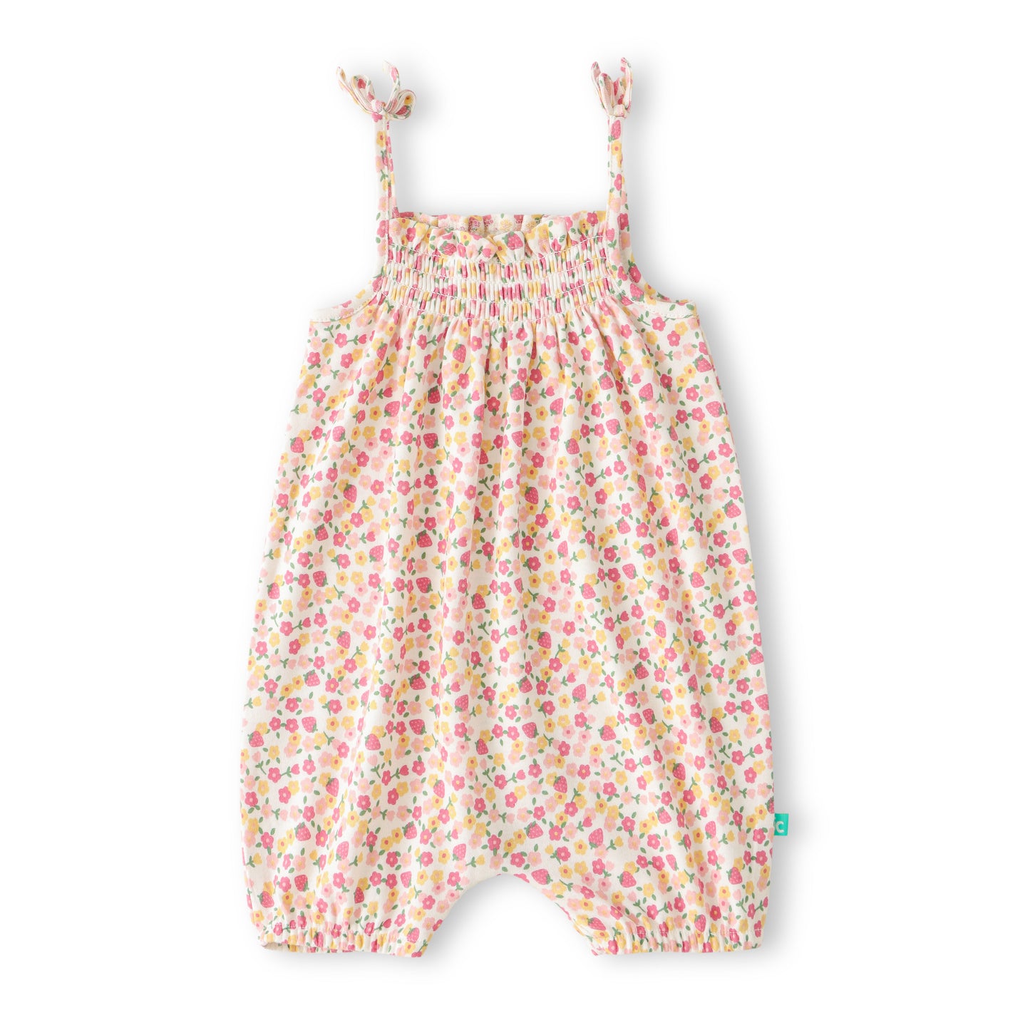 "Baby Girls Sleeveless Floral Romper with Shoulder Tie Straps – 100% Cotton"