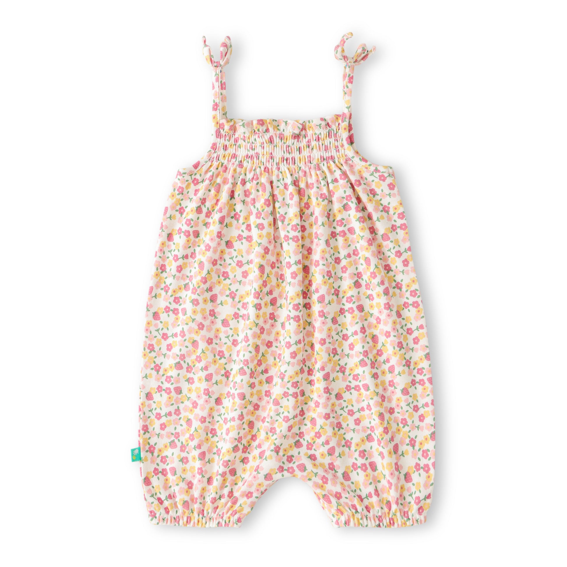 "Baby Girls Sleeveless Floral Romper with Shoulder Tie Straps – 100% Cotton"