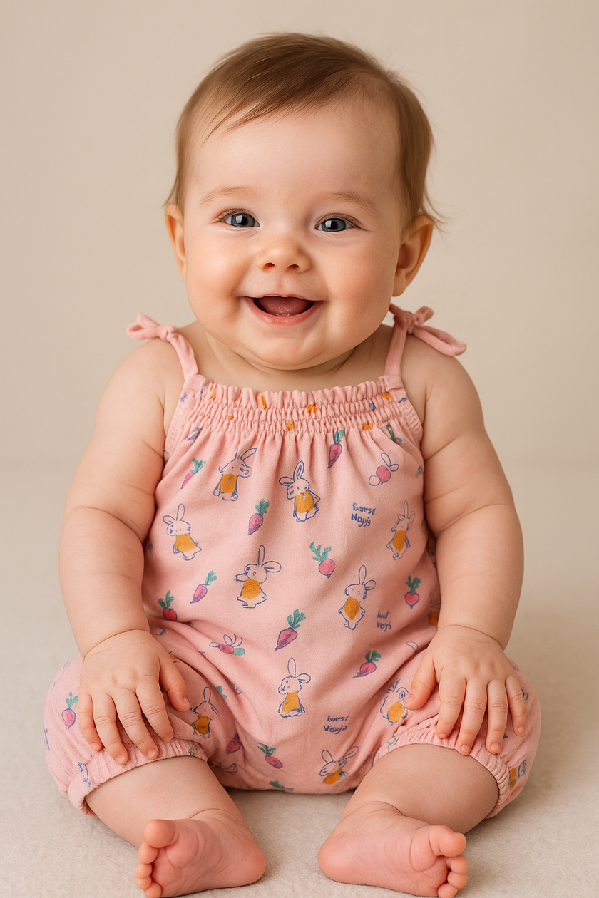 "Baby Girls Sleeveless Bunny Printed Romper with Shoulder Tie Straps – 100% Cotton"