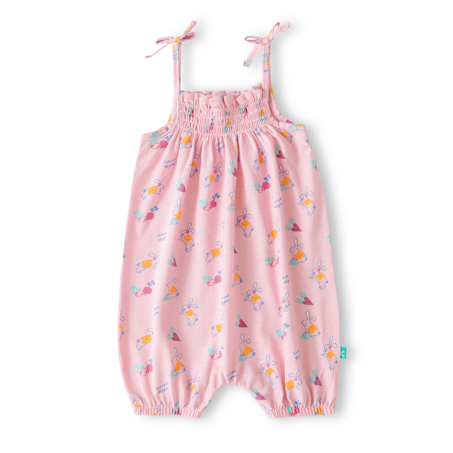 "Baby Girls Sleeveless Bunny Printed Romper with Shoulder Tie Straps – 100% Cotton"