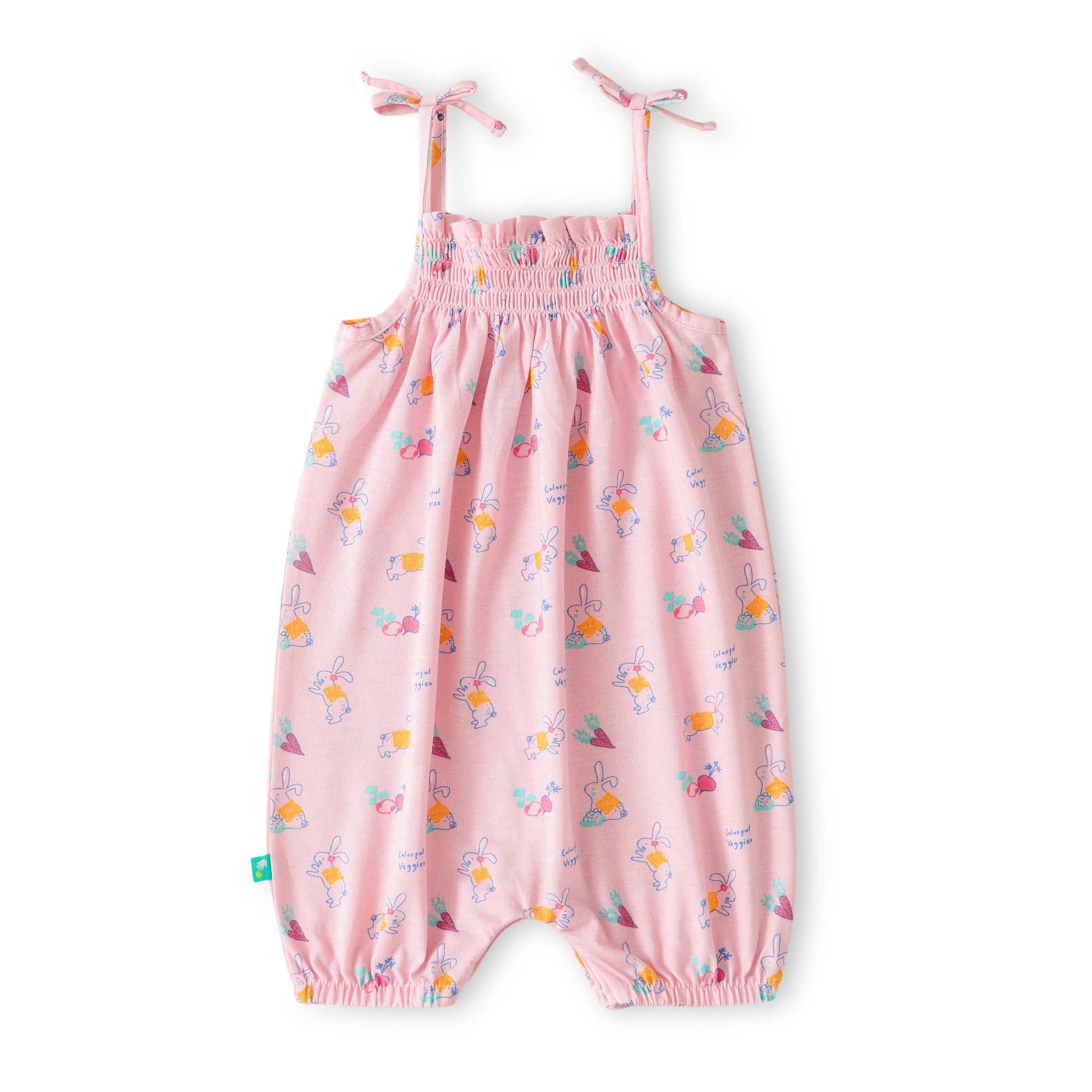 "Baby Girls Sleeveless Bunny Printed Romper with Shoulder Tie Straps – 100% Cotton"