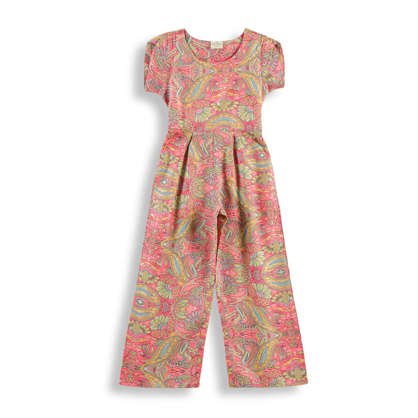 "Girls Pink Printed Jumpsuit with Short Sleeves – Cotton Casual Wear"