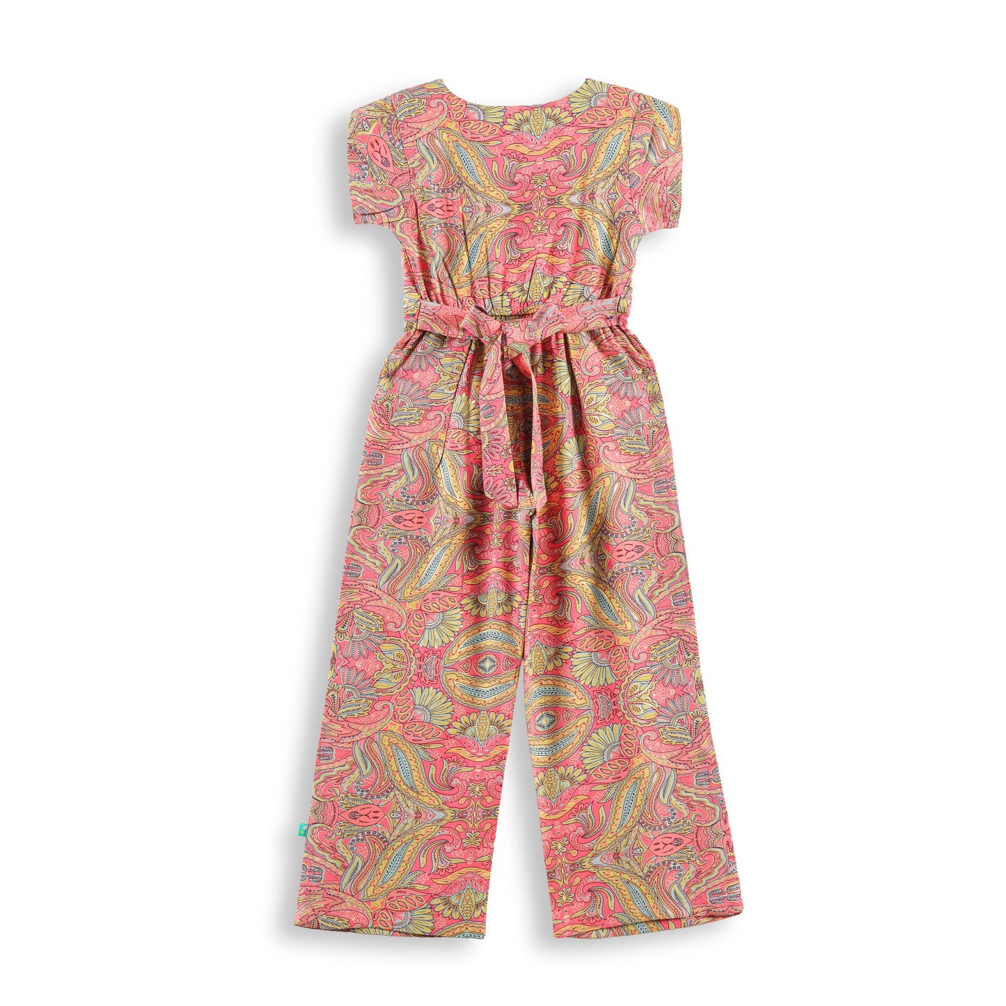 "Girls Pink Printed Jumpsuit with Short Sleeves – Cotton Casual Wear"
