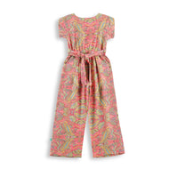 "Girls Pink Printed Jumpsuit with Short Sleeves – Cotton Casual Wear"