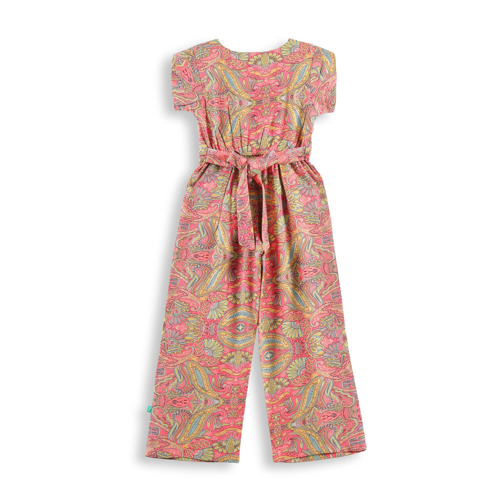 "Girls Pink Printed Jumpsuit with Short Sleeves – Cotton Casual Wear"