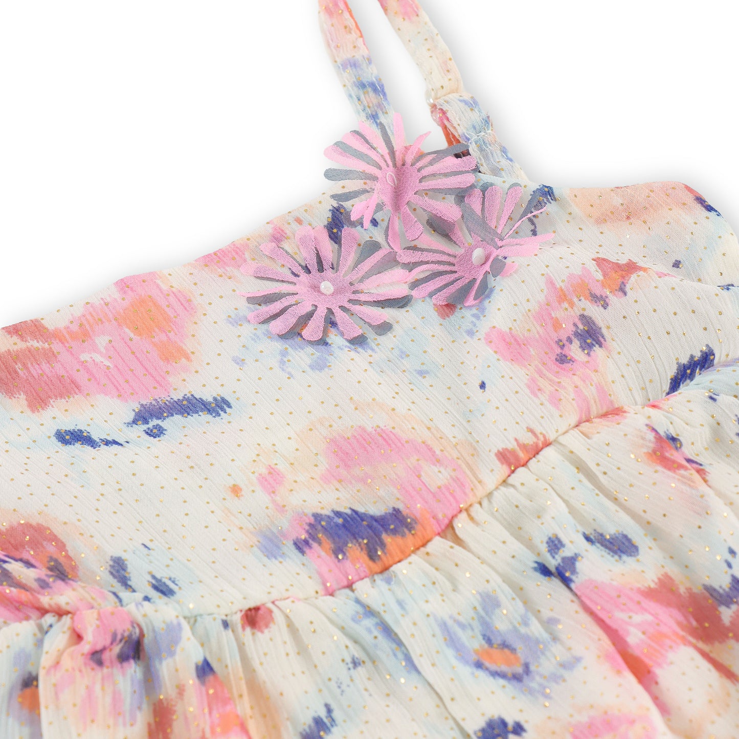 "Baby Girls Printed Sleeveless Balloon Hem Dress with 3D Flower Applique"