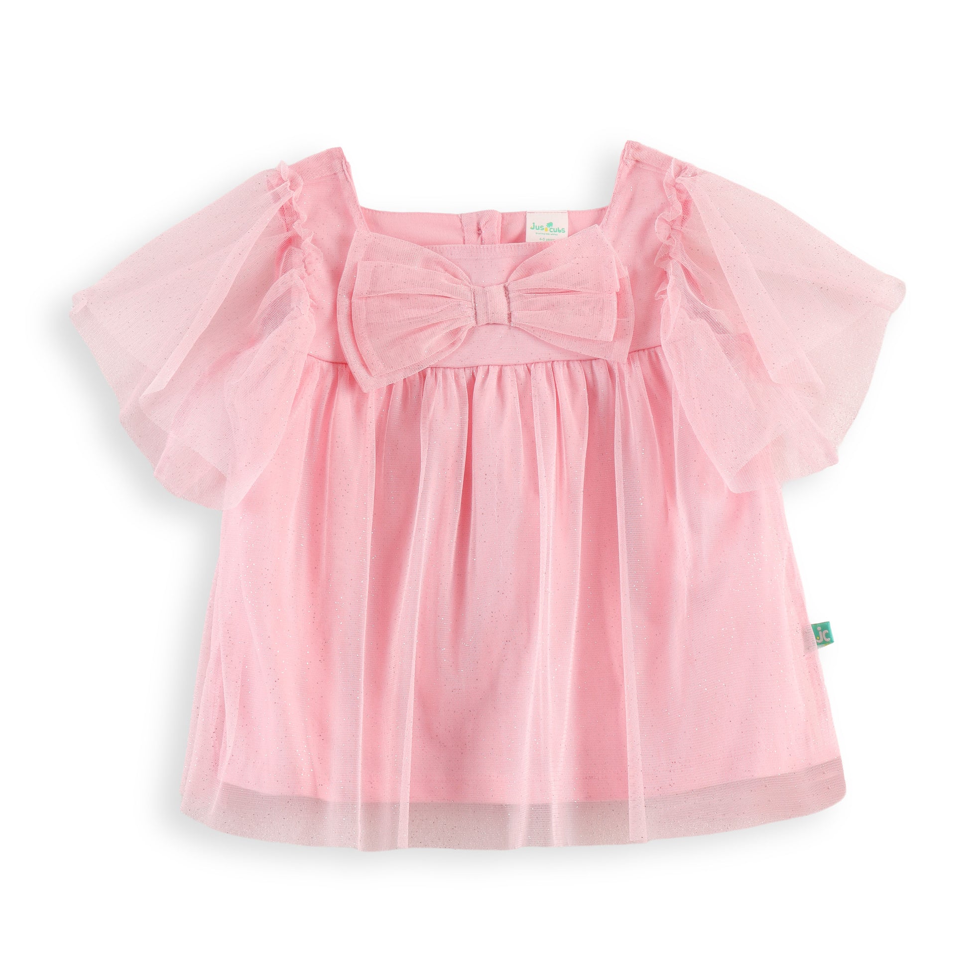"Girls' Pink Tulle Top with Bow Detail and Puff Sleeves – Soft, Stylish, and Comfortable"