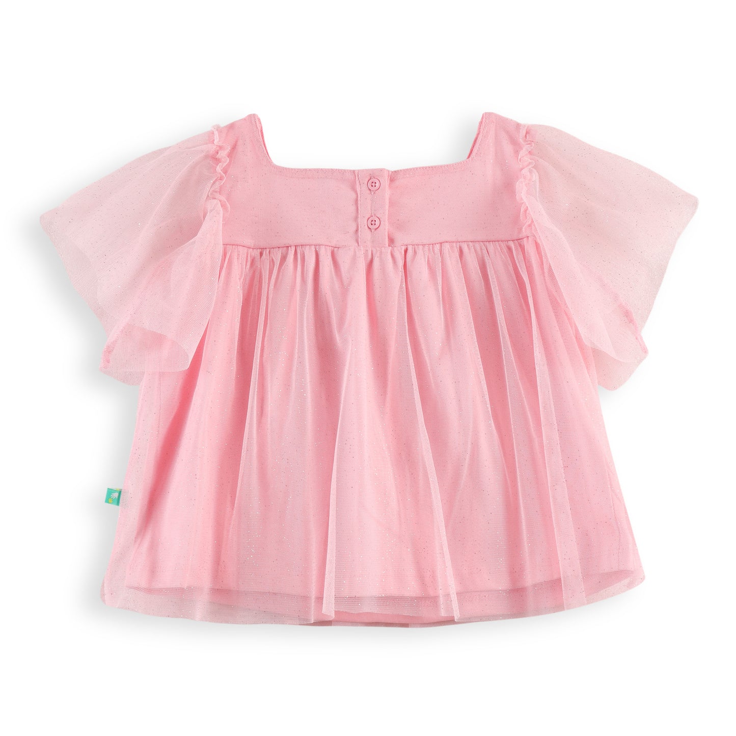 "Girls' Pink Tulle Top with Bow Detail and Puff Sleeves – Soft, Stylish, and Comfortable"