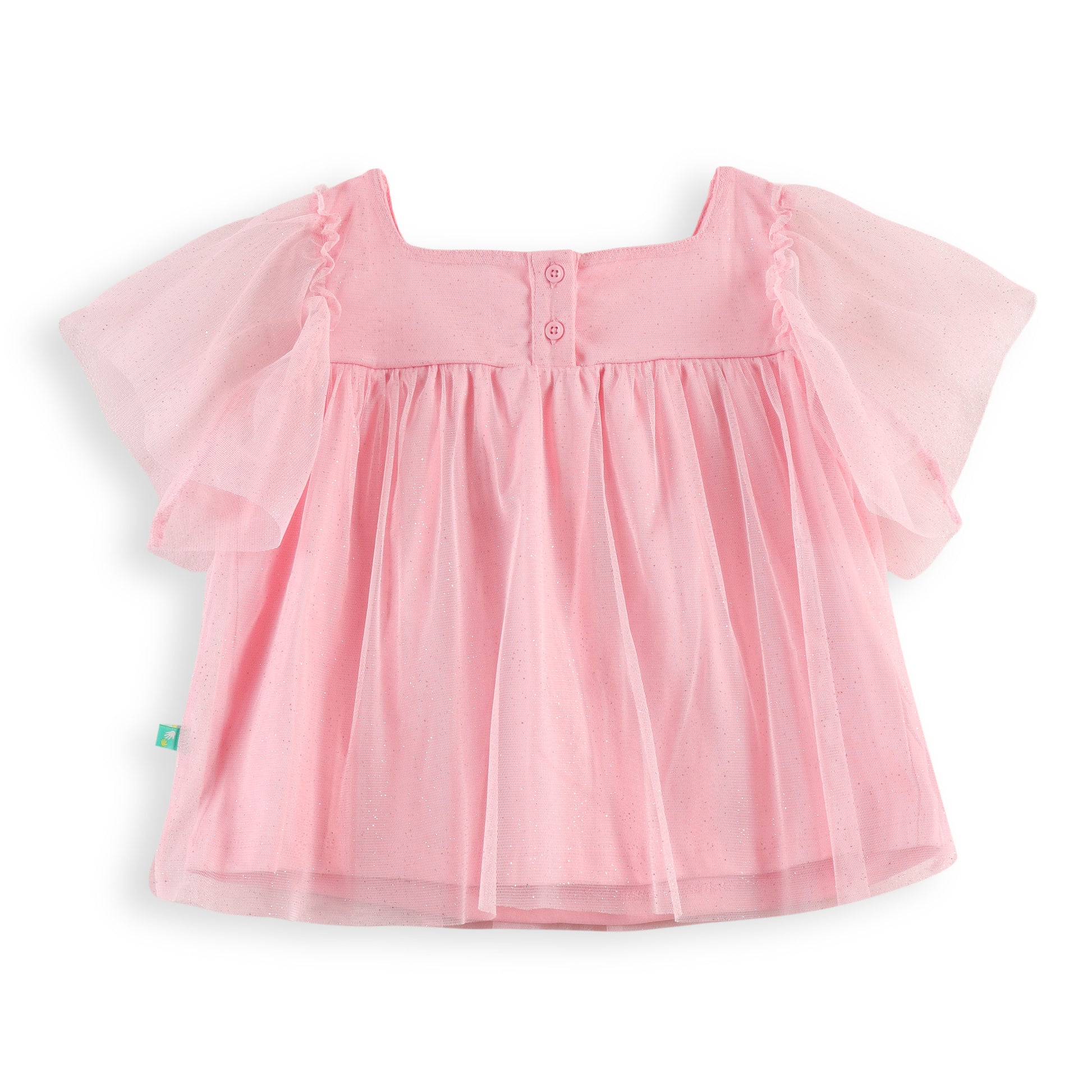 "Girls' Pink Tulle Top with Bow Detail and Puff Sleeves – Soft, Stylish, and Comfortable"