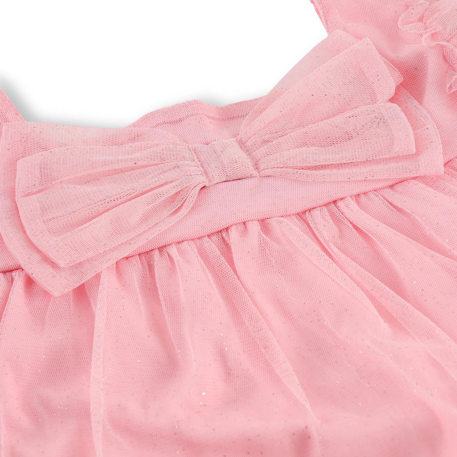 "Girls' Pink Tulle Top with Bow Detail and Puff Sleeves – Soft, Stylish, and Comfortable"