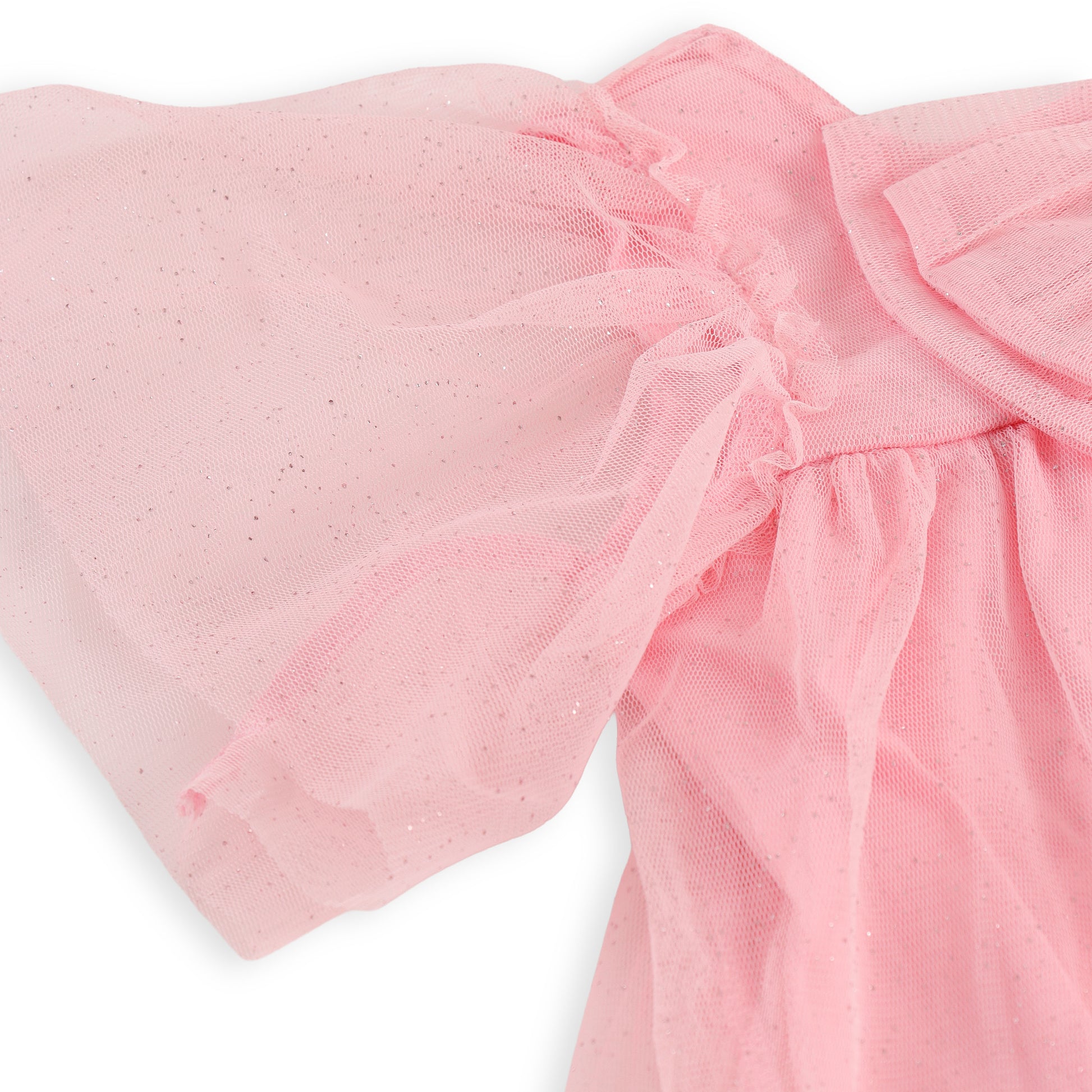 "Girls' Pink Tulle Top with Bow Detail and Puff Sleeves – Soft, Stylish, and Comfortable"
