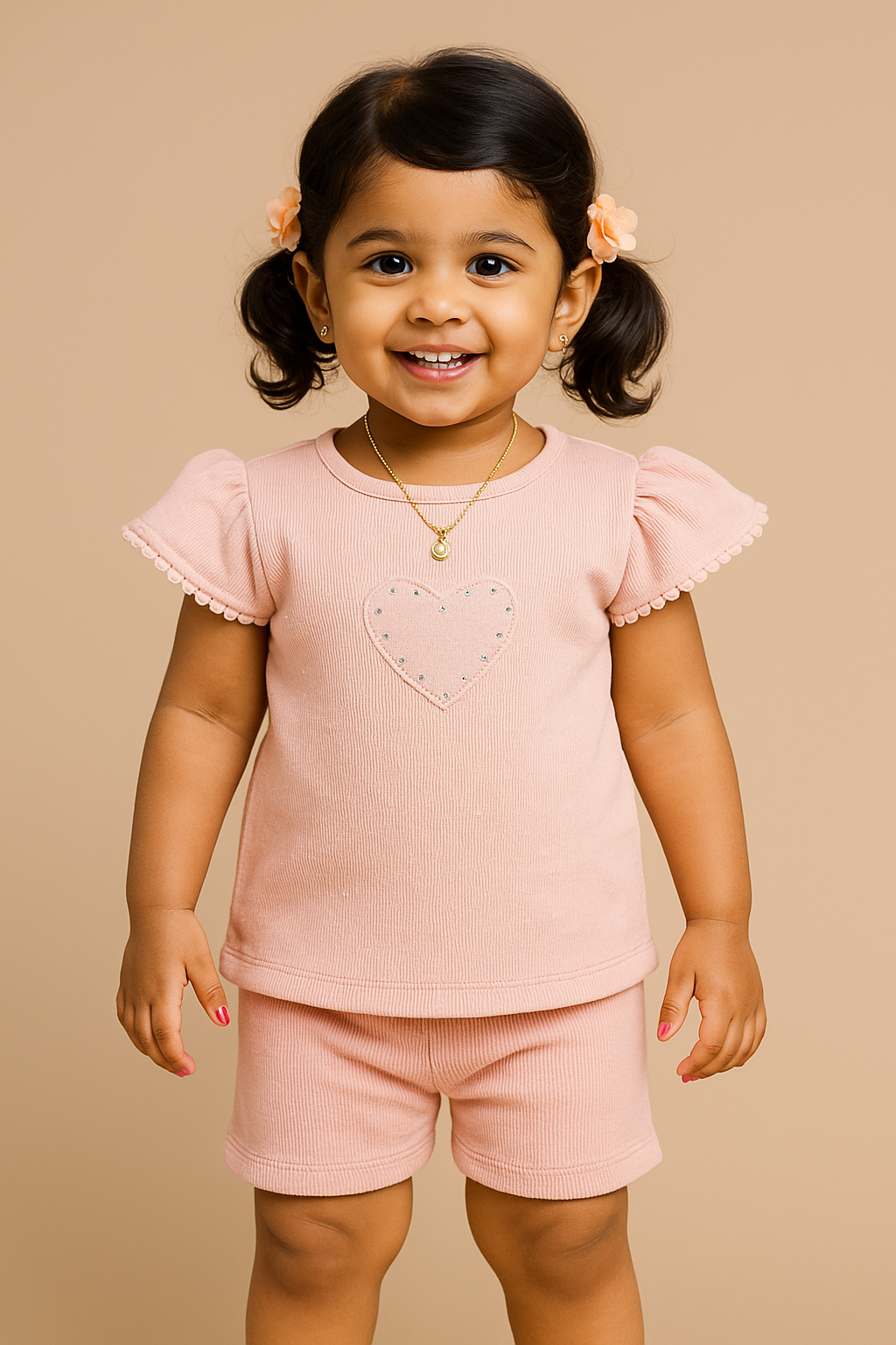 "Baby Girls' Pink Heart Design Top with Pom-Pom Ruffle Sleeves"