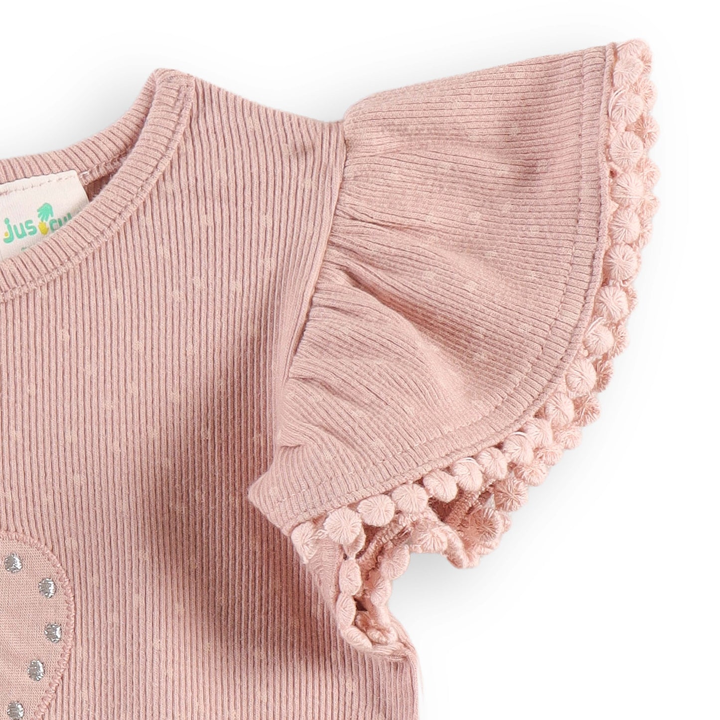 "Baby Girls' Pink Heart Design Top with Pom-Pom Ruffle Sleeves"